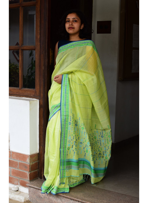 Yellowish Green, Handwoven Organic Cotton, Textured Weave , Jacquard, Work Wear, Striped Saree